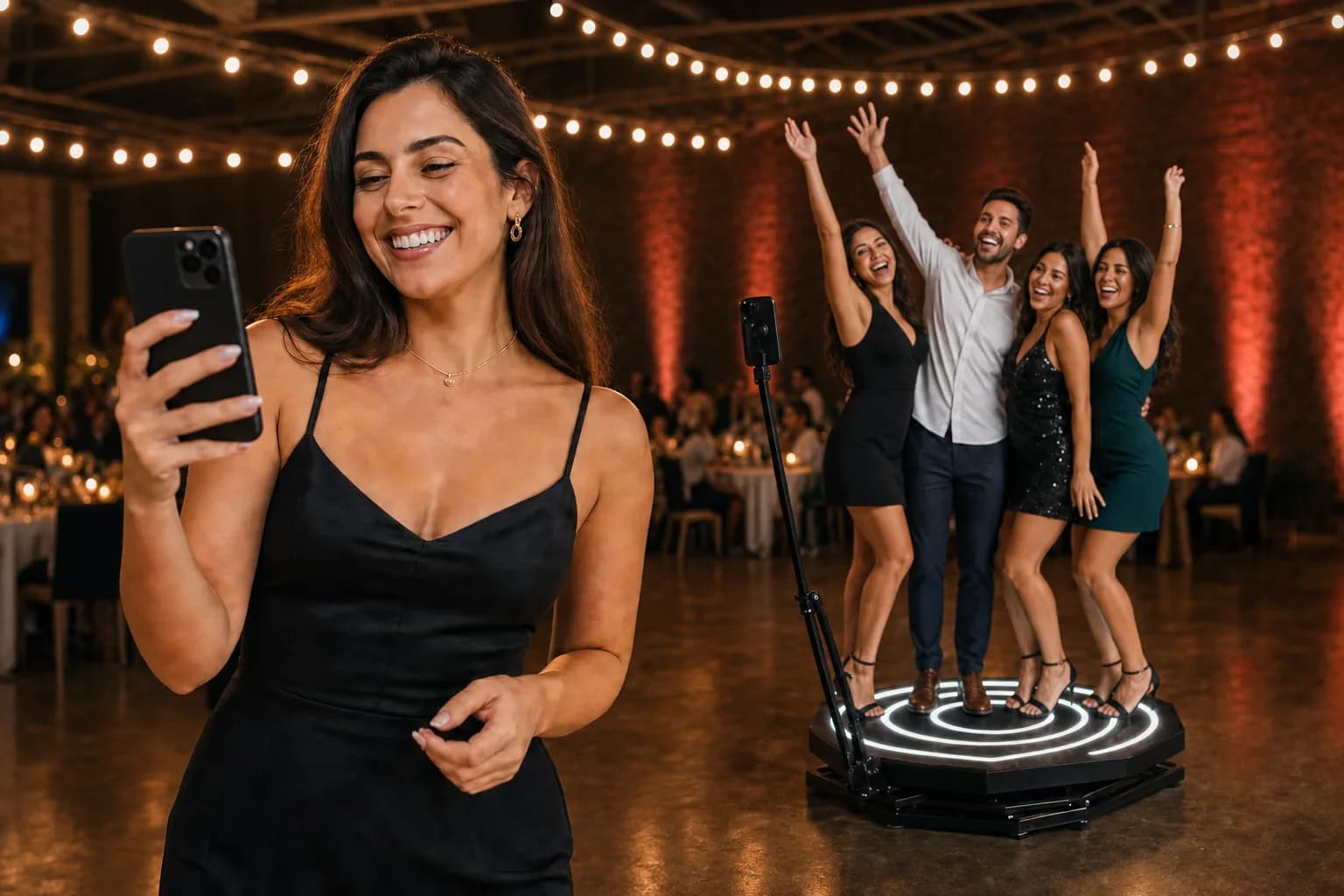 Guest looking at her phone while other people spin on the 360 platform