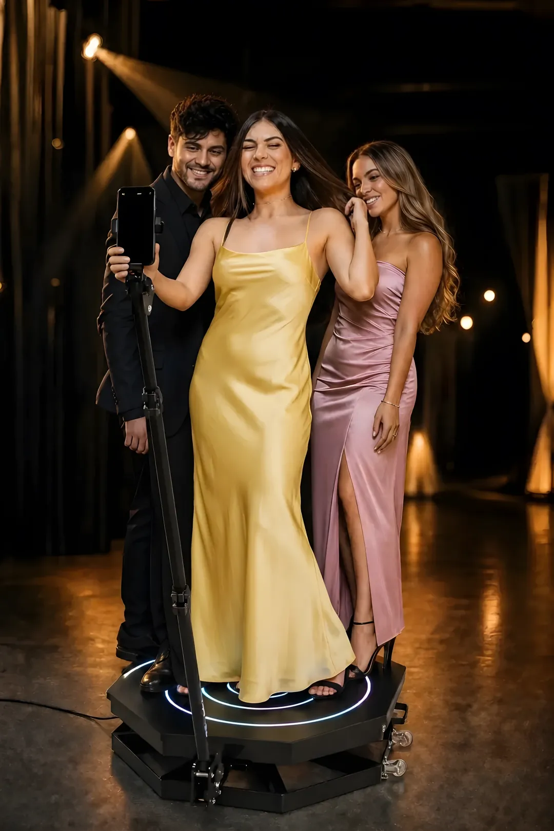 Three guests posing on a 360 photo booth platform at a party