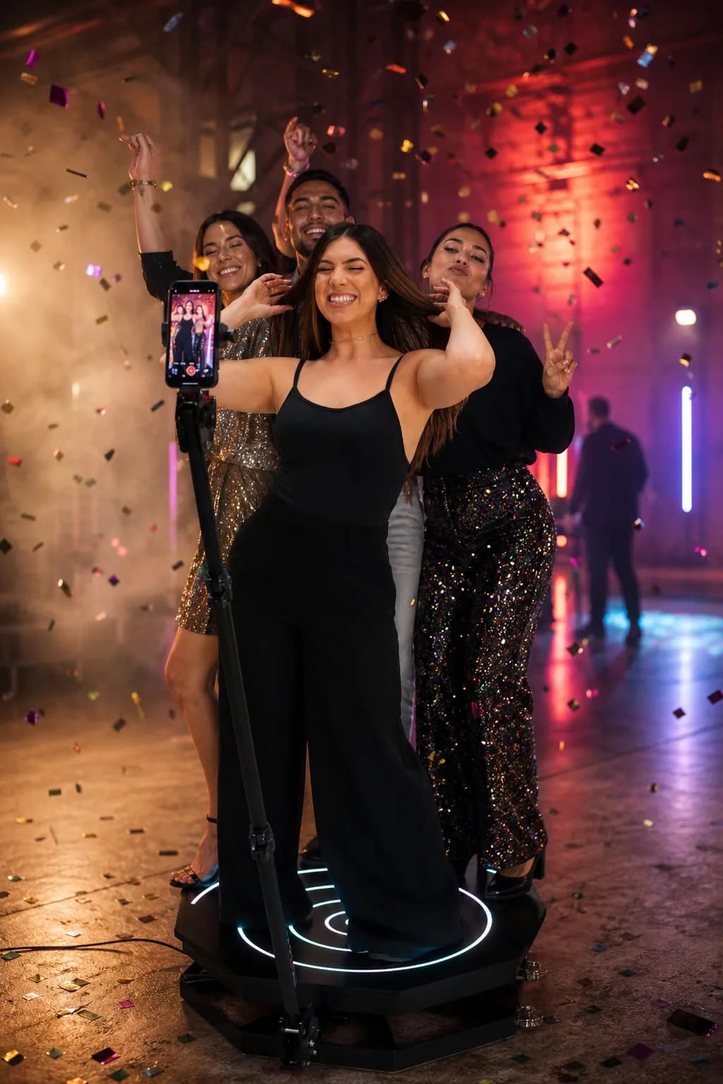 Amigos na plataforma 360 em uma festa com luzes de neon