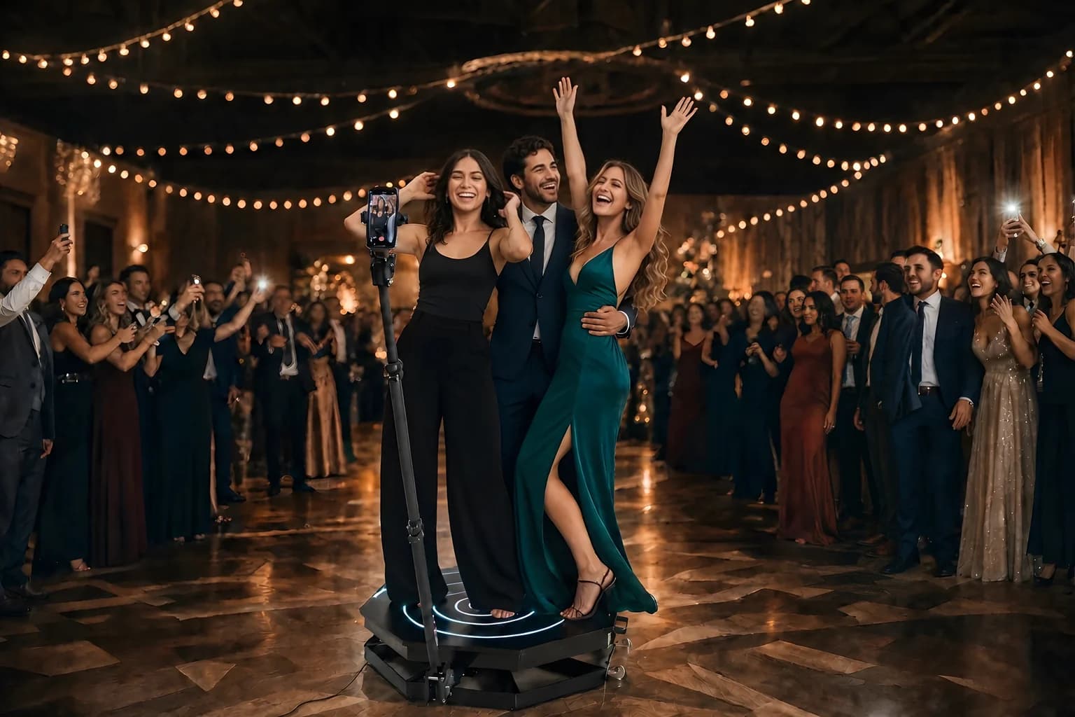 Convidados girando na plataforma 360 no meio da pista de uma festa de casamento