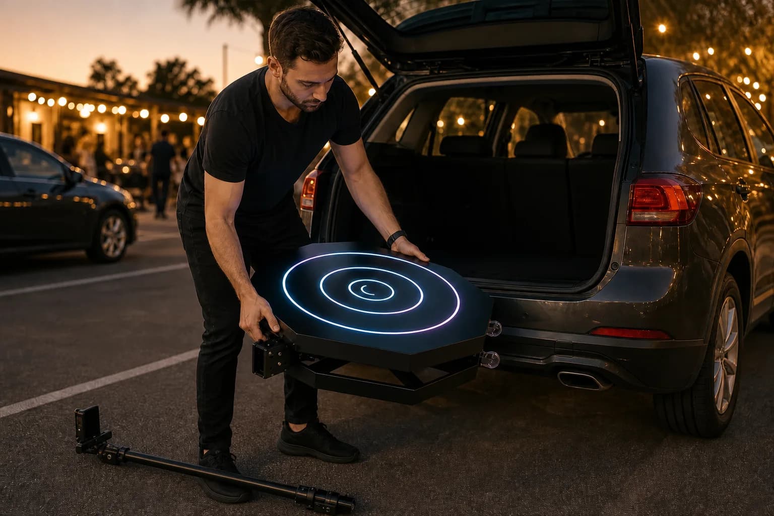 Profissional tirando a plataforma 360 do porta-malas de um carro
