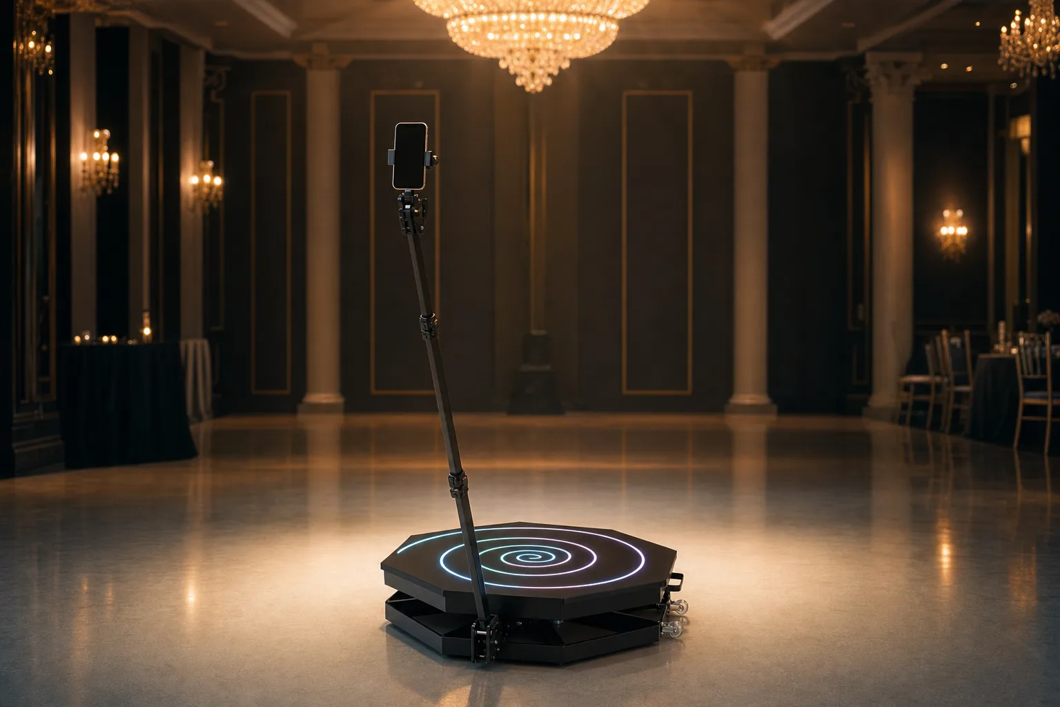 Plataforma 360 com o LED aceso em um salão vazio antes da festa